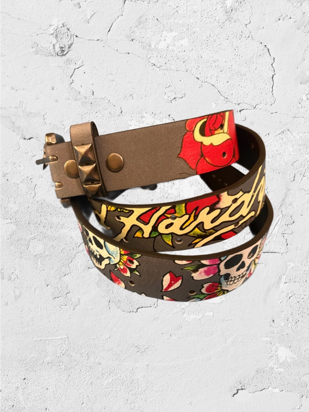 Ed Hardy Men's Floral & Skull Leather Belt with Studs⭐️NWT⭐️